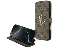 Guess Book 4G Metal Logo dėklas skirtas Apple iPhone 17 Pro Max rudos spalvos