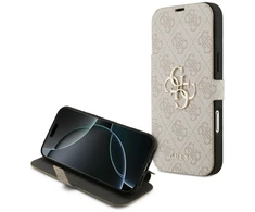 Guess Book 4G Metal Logo dėklas skirtas Apple iPhone 17 Pro Max rožinės spalvos