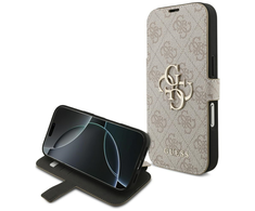 Guess Book 4G Metal Logo dėklas skirtas Apple iPhone 17 Pro rožinės spalvos