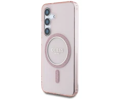Guess Glitter Circle Classic Logo MagSafe Samsung Galaxy S25 dėklas telefonui rožinės spalvos