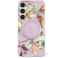 Dėklas Guess Glitter Flowers Triangle Mygtukai MagSafe for Samsung Galaxy S25 Ultra violetinė