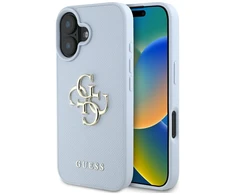 Guess Grained Big 4G Logo Small Classic Logo Apple iPhone 16 dėklas telefonui mėlynos spalvos