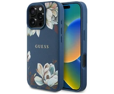 Guess Grained Printed Flower Pattern MagSafe - dėklas skirtas Apple iPhone 16 Pro mėlynas