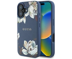 Guess Grained Printed Flower Pattern MagSafe Apple iPhone 16 dėklas telefonui mėlynos spalvos