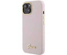 Apple iPhone 15 Guess dėklas silikoninis Script Metal Logo &amp; Frame (GUHCP15SSMBSLP) rožinės spalvos