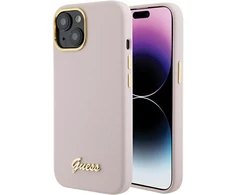 Apple iPhone 15 Guess dėklas silikoninis Script Metal Logo &amp; Frame (GUHCP15SSMBSLP) rožinės spalvos