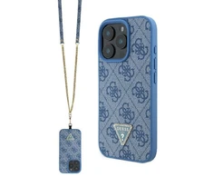 Guess Leather Metal Logo Strass Crossbody Apple iPhone 16 Pro - dėklas telefonui mėlynos spalvos