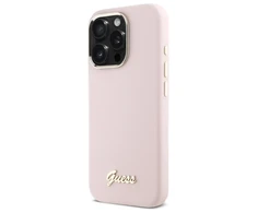 Guess GUHCP16LSMBSLP Apple iPhone 16 Pro 6.3" dėklas telefonui rožinės spalvos Silikoninis Script Metal Logo &amp; Frame
