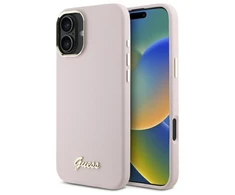 Guess GUHCP16MSMBSLP Apple iPhone 16 Plus 6.7" dėklas telefonui rožinės spalvos Silikoninis Script Metal Logo &amp; Frame