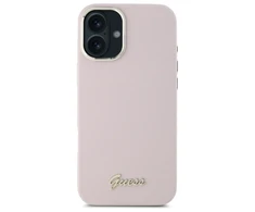 Guess GUHCP16SSMBSLP Apple iPhone 16 6.1" dėklas telefonui rožinės spalvos Silikoninis Script Metal Logo &amp; Frame