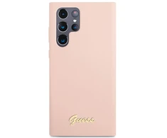 Samsung Galaxy S23 Ultra Guess silikoninis dėklas Script Metal Logo (GUHCS23LLSLMGPP) rožinės spalvos