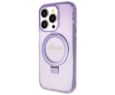 Apple iPhone 13 Pro Max Guess dėklas Ring Stand Script Glitter MagSafe (GUHMP13XHRSGSU) violetinės spalvos