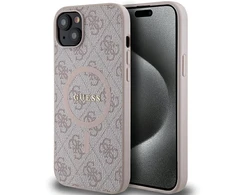 Guess GUHMP14SG4GFRP iPhone 14 / 15 / 13 6.1" rožinė/rožinė kietas dėklas 4G kolekcijai odinis metalinis MagSafe logotipas | GUESS