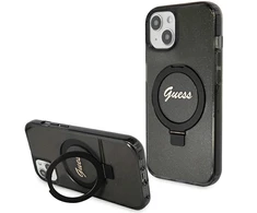 Guess GUHMP14SHRSGSK iPhone 14 / 15 / 13 6.1" juoda/juodos spalvos dėklas Ring Stand Script Glitter MagSafe