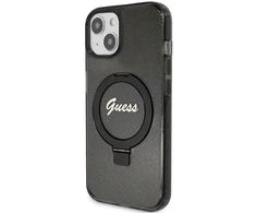 Guess GUHMP14SHRSGSK iPhone 14 / 15 / 13 6.1" juoda/juodos spalvos dėklas Ring Stand Script Glitter MagSafe