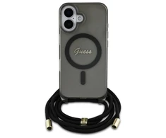 Guess GUHMP16SHCTSGNSK Apple iPhone 16 6.1" dėklas telefonui juodos spalvos Crossbody Cord Script MagSafe