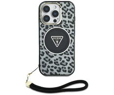 Guess HC IML Leopard Triangle Cord Strap Apple iPhone 16 MagSafe dėklas telefonui juodos spalvos