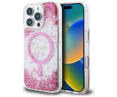 Dėklas GUESS HC Resin Bottom Glitter Magsafe skirtas Apple iPhone 16 Pro rožinės spalvos