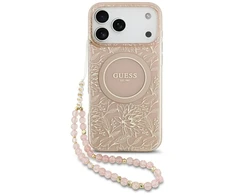 Guess IML Flowers Electro Pearl Strap MagSafe dėklas skirtas Apple iPhone 17 Pro Max rožinės spalvos
