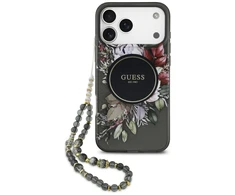Guess IML Flowers Pearl Strap MagSafe dėklas skirtas Apple iPhone 17 Pro Max juodos spalvos