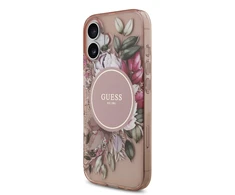 Guess IML Flowers virvelė MagSafe dėklas skirtas Apple iPhone 17 rožinės spalvos