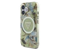 Guess Glitter Flowers Triangle Mygtukai MagSafe Apple iPhone 16 dėklas telefonui žalios spalvos
