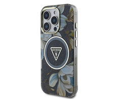 Guess Glitter Flowers Triangle Mygtukai MagSafe Apple iPhone 16 Pro Max dėklas telefonui juodos spalvos