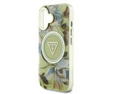 Guess Glitter Flowers Triangle Mygtukai MagSafe Apple iPhone 16 dėklas telefonui žalios spalvos