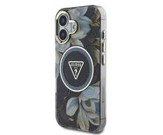 Guess Glitter Flowers Triangle Mygtukai MagSafe Apple iPhone 16 dėklas telefonui juodos spalvos