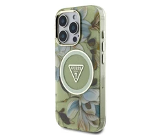 Guess Glitter Flowers Triangle Mygtukai MagSafe Apple iPhone 16 Pro Max dėklas telefonui žalios spalvos