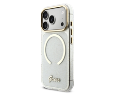 Guess IML Glitter Script Strap MagSafe dėklas skirtas iPhone 17 Pro Max Transparent