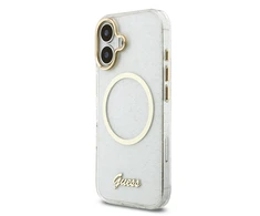 Guess IML Glitter Script Strap MagSafe dėklas skirtas iPhone 17 Transparent
