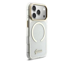 Guess IML Glitter Script Strap MagSafe dėklas skirtas iPhone 17 Pro Transparent