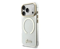 Guess IML Glitter Script Strap MagSafe dėklas skirtas iPhone 17 Pro Transparent