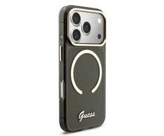 Guess IML Glitter Script Strap MagSafe dėklas skirtas iPhone 17 Pro Juodas