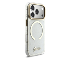 Guess IML Glitter Script Strap MagSafe dėklas skirtas iPhone 17 Pro Max Transparent