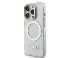 Guess IML Gold Outline Stand Camera Frame MagSafe dėklas skirtas Apple iPhone 15 Pro Max skaidrus