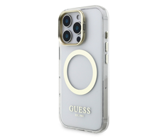 Guess IML Gold Outline Stand Camera Frame MagSafe dėklas skirtas Apple iPhone 16 Pro skaidrus