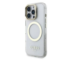 Guess IML Gold Outline Stand Camera Frame MagSafe dėklas skirtas Apple iPhone 16 Pro Max skaidrus