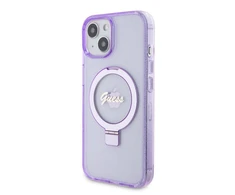 Guess GUHMP15MHRSGSU Apple iPhone 15 Plus/ 14 Plus 6.7″ violetinės spalvos kietas dėklas Ring Stand Script Glitte