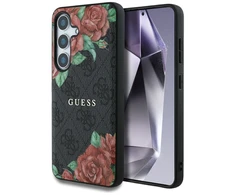 Guess Leather 4G Flowers Print Metal Classic Logo MagSafe Samsung Galaxy S25 dėklas telefonui juodos spalvos