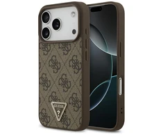 Original dėklas GUESS Leather 4G Triangle Strass MagSafe skirtas Apple iPhone 17 Pro rudos spalvos