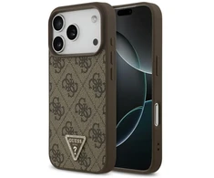 Dėklas Guess Leather 4G Triangle Strass MagSafe do iPhone 18 Pro / 17 Pro ruda