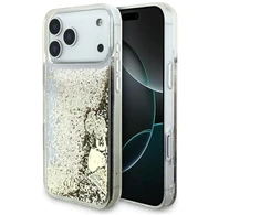 Guess Liquid Glitter 4G Charms dėklas, skirtas iPhone 18 Pro / 17 Pro, auksinis