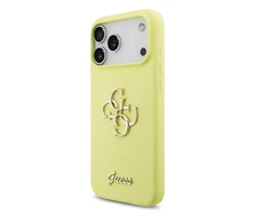 Guess Liquid Silicone 4G Metal Logo dėklas skirtas Apple iPhone 17 Pro Max geltonos spalvos