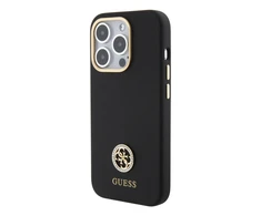 Guess Liquid Silicone 4G Strass Metal Logo dėklas telefonui Apple iPhone 15 Pro juodos spalvos