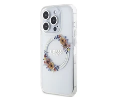 GUESS GUHMP15XHFWFFCT IPHONE 15 PRO MAX 6,7 col. permatomas kietas dėklas IML FLOWERS WREATCH MAGSAFE