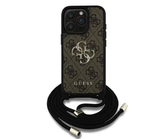 Guess PU 4G Metal Logo Crossbody Strap Apple iPhone 15 Pro Max dėklas telefonui rudos spalvos