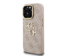 Guess PU 4G Metal Logo Stand Camera Frame dėklas skirtas Apple iPhone 16 Pro rožinės spalvos
