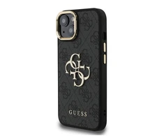 Guess PU 4G Metal Logo Stand Camera Frame dėklas skirtas Apple iPhone 13 juodos spalvos